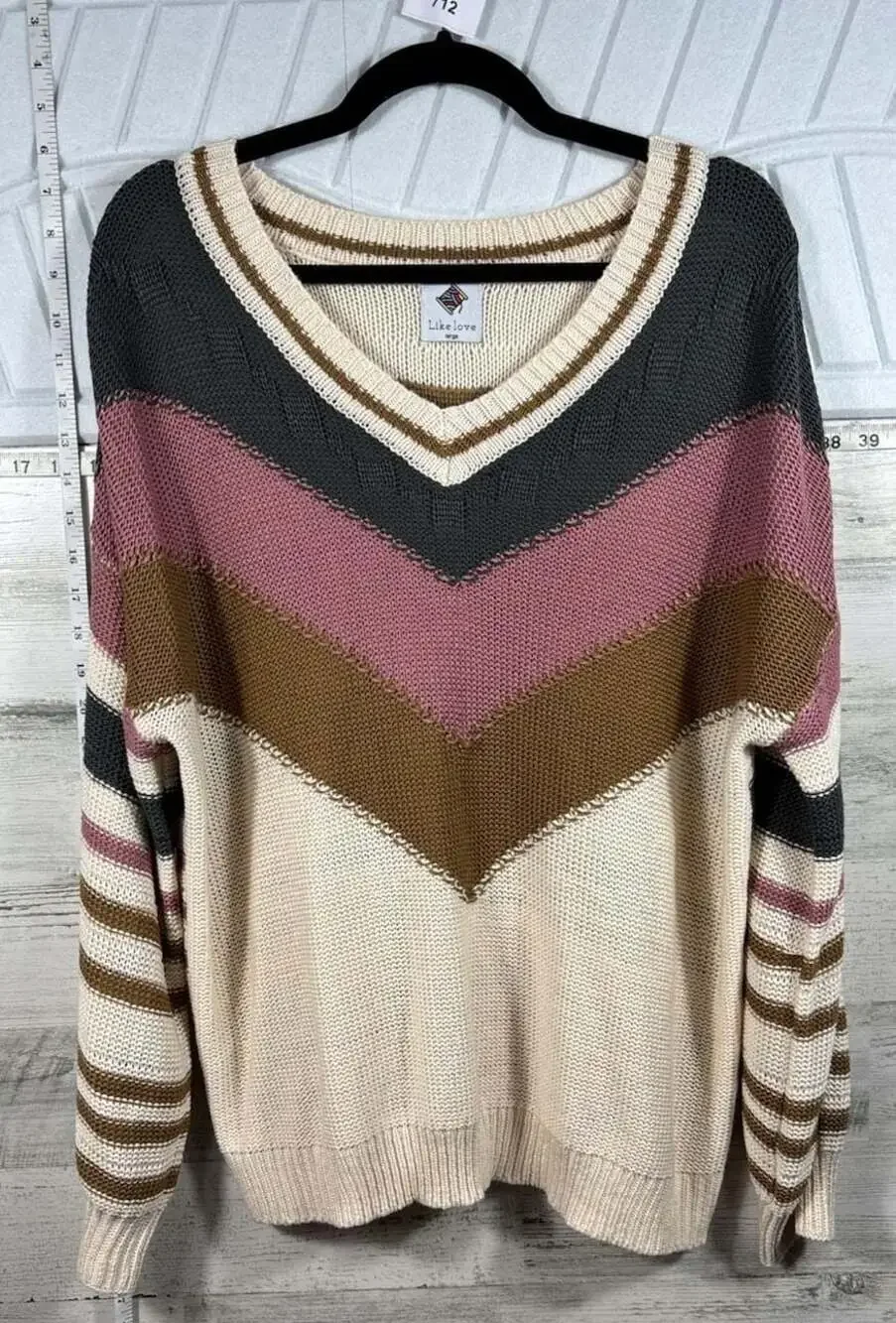 Like Love Striped V-Neck Oversized Sweater Multi-Color Chevron Size L